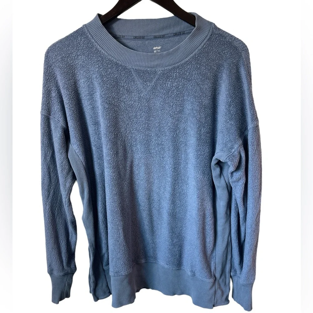Aerie Cozy Good Vibes Oversized Crewneck Sweatshirt split sides, Blue XS lounge